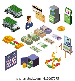 Banking isometric icons set of payment terminal armored trucks credit cards and cash vector illustration