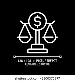 Icono lineal blanco perfecto de píxel de ley bancaria para el tema oscuro. Sistema de regulación financiera gubernamental. Orden económico estatal. Ilustración de línea delgada. Símbolo aislado para el modo nocturno. Trazo editable