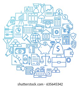 Banking Line Icon Circle Design. Vector Illustration of Bank and Finance Objects.