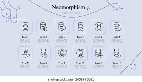 Conjunto de iconos de línea bancaria. Monedas, escudo, reloj, mano, contraseña, criptomoneda, blockchain, cartera, finanzas, curso, comercio. Estilo neomorfista. Icono de línea vectorial para negocios