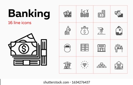 Banking line icon set. Purse, currency, credit card, gold bars. Finance concept. Can be used for topics like saving, deposit, investment