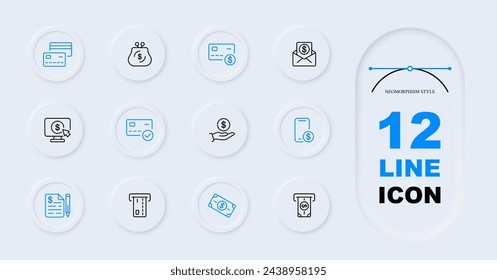 Banking line icon set. Smartphone, dollar, coin, cryptocurrency, contract, agreement, ATM. Neomorphism style. Vector line icon for Business