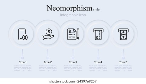 Conjunto de iconos de línea bancaria. Smartphone, dólar, moneda, criptomoneda, contrato, acuerdo, cajero automático. Estilo neomorfista. Icono de línea vectorial para negocios