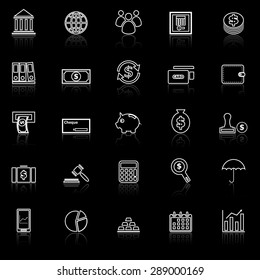 Banking line icons with reflect on black, stock vector
