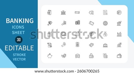Banking Line icons set. ATM, Bank building, Money, Credit cards and more . Outline vector icon in linear style. Editable stroke. Vector illustration.