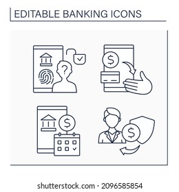 Banking line icons set. Authorization, available balance, banking day, beneficiary. Business concept. Isolated vector illustrations. Editable stroke