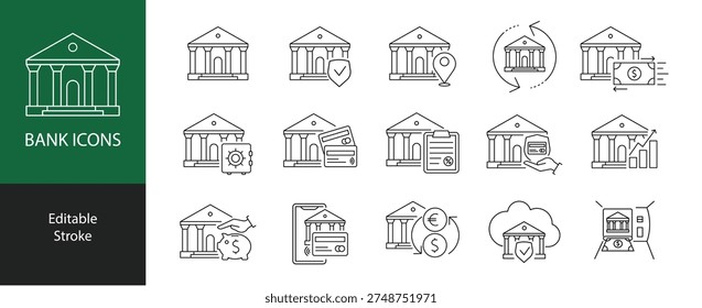 Conjunto de iconos de línea bancaria. Edificio bancario, Pago con tarjeta, Transferencia de dinero, Seguridad y Servicios Financieros Esbozan símbolos en una Ilustración vectorial