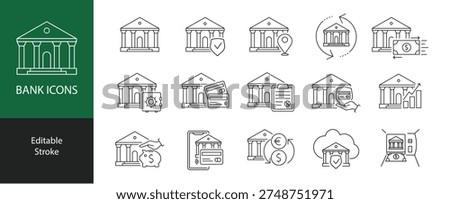 Banking Line Icons Set. Bank Building, Card Payment, Money Transfer, Security, and Financial Services Outline Symbols in a vector illustration