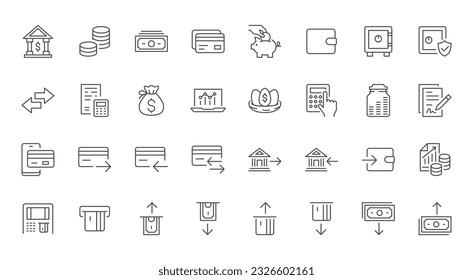 Banking line icons set. Deposit box, money transfer, currency exchange, banknots, credit card, calculation, coins visualization vector illustration. Outline signs of finance activity. Editable Stroke