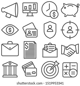 Banking line icons set. linear style symbols collection, outline signs pack. vector graphics. Set includes icons as recruitment search, bank building, business deal, promotion, financial document, aim