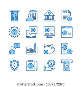 Banking line icons. Simple vector symbols. Set of blue color filled outline icons