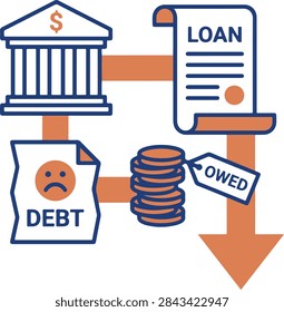 Banking loan process vector illustration showing financial debt and owed money