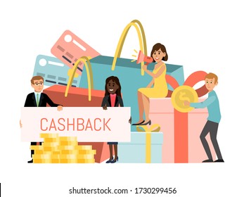 Banking loyalty program, tiny character male female sitting clothing package, coin gold isolated on white, flat vector illustration. Cashback concept shop customer loyalty, cashless payment shopping.