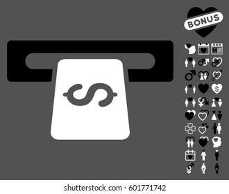 Banking Machine icon with bonus romantic symbols. Vector illustration style is flat iconic symbols on white background.