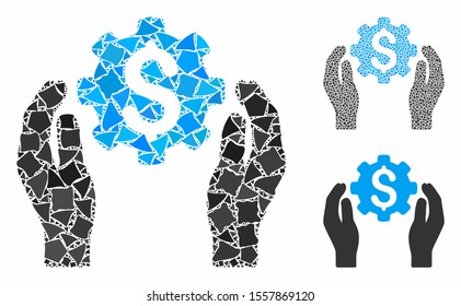 Banking maintenance hands composition of unequal pieces in different sizes and shades, based on banking maintenance hands icon. Vector bumpy pieces are united into composition.