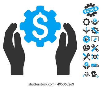 Banking Maintenance Hands icon with bonus tools pictures. Vector illustration style is flat iconic bicolor symbols, blue and gray colors, white background.