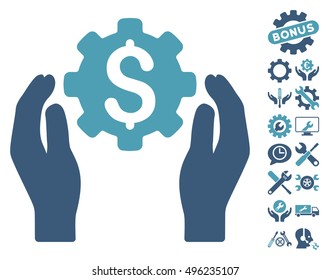 Banking Maintenance Hands icon with bonus tools icon set. Vector illustration style is flat iconic bicolor symbols, cyan and blue colors, white background.