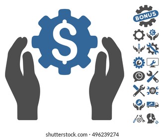 Banking Maintenance Hands icon with bonus tools symbols. Vector illustration style is flat iconic bicolor symbols, cobalt and gray colors, white background.