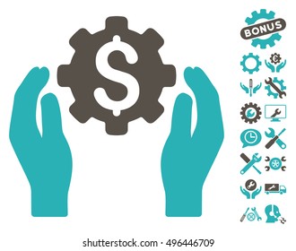 Banking Maintenance Hands icon with bonus tools pictograph collection. Vector illustration style is flat iconic bicolor symbols, grey and cyan colors, white background.