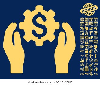 Banking Maintenance Hands icon with bonus calendar and time management pictogram. Vector illustration style is flat iconic symbols, yellow color, blue background.
