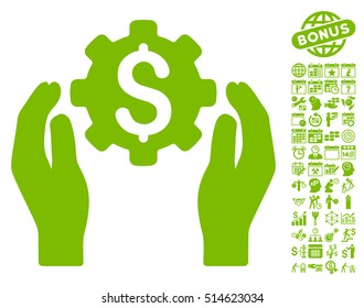 Banking Maintenance Hands pictograph with bonus calendar and time management pictograph collection. Vector illustration style is flat iconic symbols, eco green color, white background.