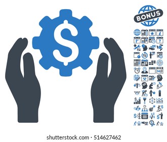 Banking Maintenance Hands pictograph with bonus calendar and time management pictures. Vector illustration style is flat iconic bicolor symbols, smooth blue colors, white background.