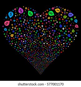 Banking Map Marker fireworks with heart shape. Vector illustration style is flat bright multicolored iconic symbols on a black background. Object heart made from confetti symbols.