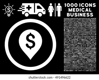 Banking Map Marker icon with 1000 medical commercial white vector pictographs. Clipart style is flat symbols, black background.