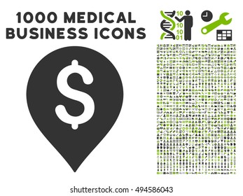 Banking Map Marker icon with 1000 medical commerce eco green and gray vector pictographs. Design style is flat bicolor symbols, white background.