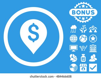 Banking Map Marker icon with bonus symbols. Vector illustration style is flat iconic symbols, white color, blue background.