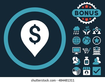 Banking Map Marker icon with bonus pictures. Vector illustration style is flat iconic bicolor symbols, blue and white colors, dark blue background.