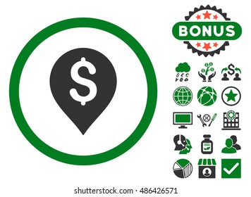 Banking Map Marker icon with bonus pictogram. Vector illustration style is flat iconic bicolor symbols, green and gray colors, white background.