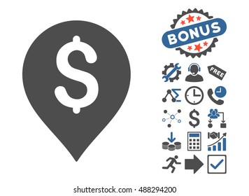 Banking Map Marker icon with bonus design elements. Vector illustration style is flat iconic bicolor symbols, cobalt and gray colors, white background.