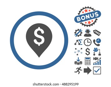 Banking Map Marker icon with bonus design elements. Vector illustration style is flat iconic bicolor symbols, cobalt and gray colors, white background.