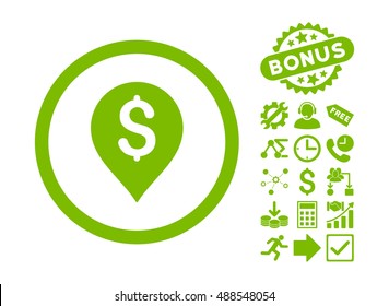 Banking Map Marker icon with bonus elements. Vector illustration style is flat iconic symbols, eco green color, white background.