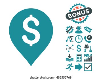 Banking Map Marker icon with bonus elements. Vector illustration style is flat iconic bicolor symbols, soft blue colors, white background.