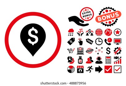 Banking Map Marker icon with bonus symbols. Vector illustration style is flat iconic bicolor symbols, intensive red and black colors, white background.