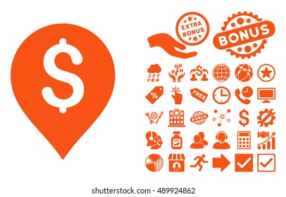 Banking Map Marker icon with bonus icon set. Vector illustration style is flat iconic symbols, orange color, white background.