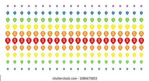 Banking Map Marker icon rainbow colored halftone pattern. Vector objects organized into halftone array with vertical spectral gradient. Constructed for backgrounds, covers,