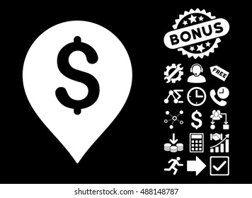 Banking Map Marker pictograph with bonus design elements. Vector illustration style is flat iconic symbols, white color, black background.