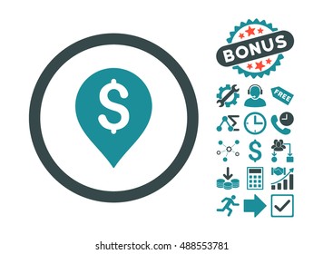 Banking Map Marker pictograph with bonus pictures. Vector illustration style is flat iconic bicolor symbols, soft blue colors, white background.