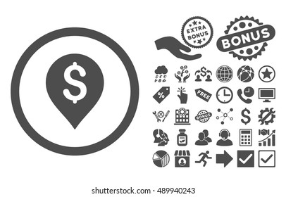 Banking Map Marker pictograph with bonus pictogram. Vector illustration style is flat iconic symbols, gray color, white background.