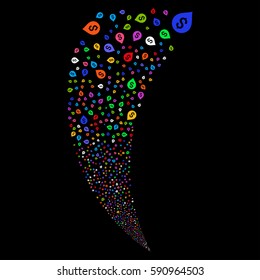 Banking Map Marker random fireworks stream. Vector illustration style is flat bright multicolored iconic symbols on a black background. Object fountain done from scattered symbols.
