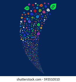 Banking Map Marker random fireworks stream. Vector illustration style is flat bright multicolored iconic symbols on a blue background. Object fountain constructed from scattered pictographs.
