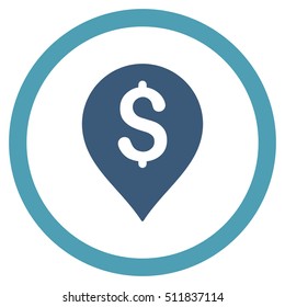 Banking Map Marker vector bicolor rounded icon. Image style is a flat icon symbol inside a circle, cyan and blue colors, white background.
