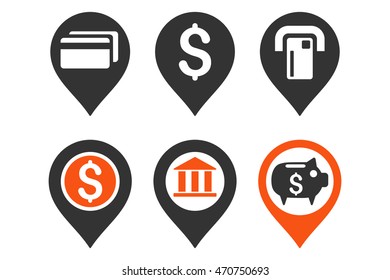 Banking Map Pointer vector icons. Pictogram style is bicolor orange and gray flat icons with rounded angles on a white background.