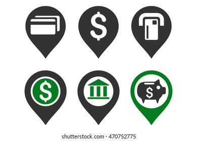 Banking Map Pointer vector icons. Pictogram style is bicolor green and gray flat icons with rounded angles on a white background.