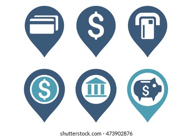 Banking Map Pointer vector icons. Pictogram style is bicolor cyan and blue flat icons with rounded angles on a white background.