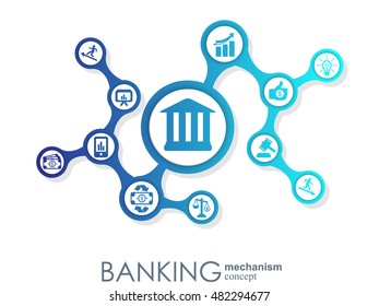 Banking mechanism. Abstract background with connected gears and integrated flat icons. Connected symbols for money, card, bank, business and finance concepts. Vector interactive illustration