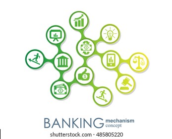 Banking mechanism. Abstract background with connected gears and integrated flat icons. Connected symbols for money, card, bank, business and finance concepts. Vector interactive illustration